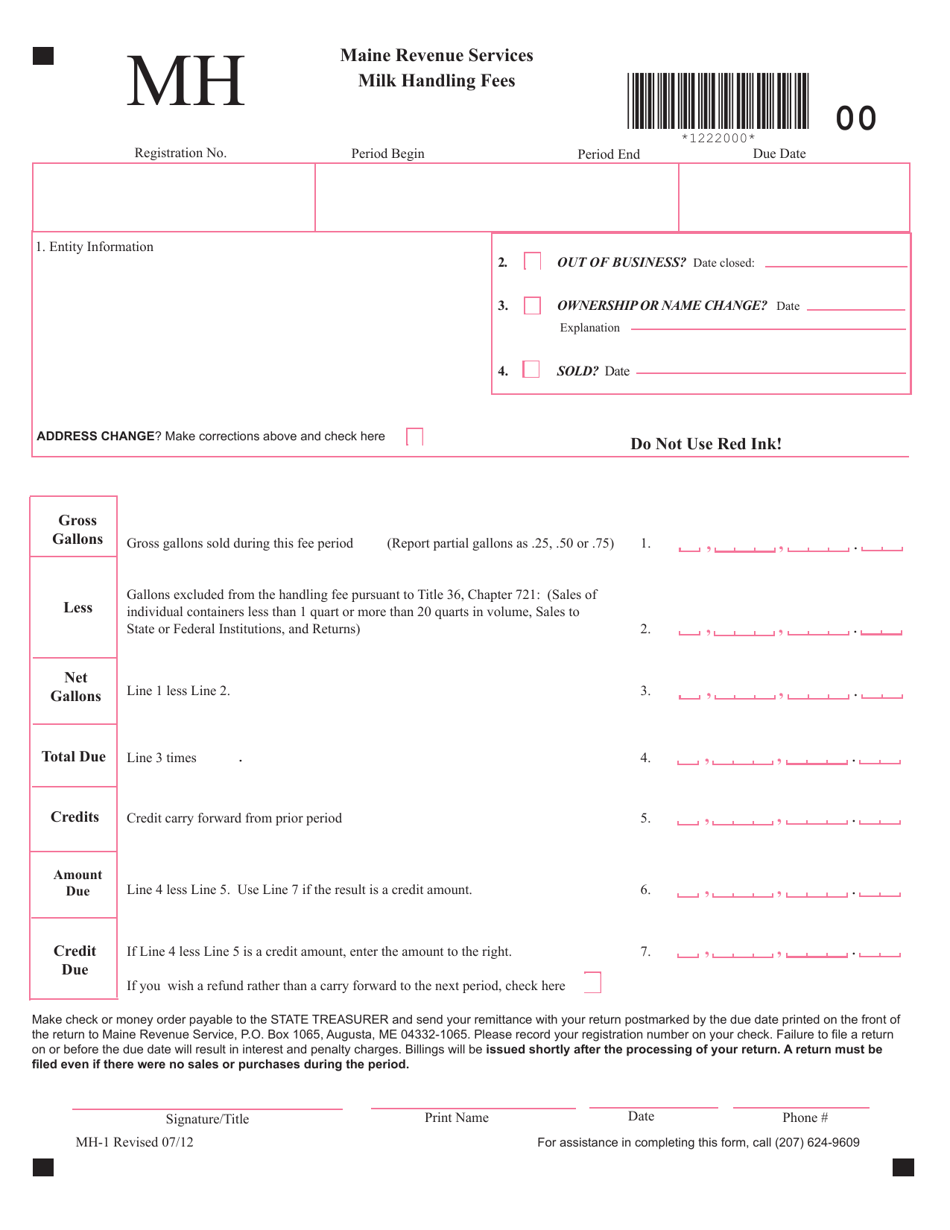 Form MH-1 Milk Handling Fees - Maine, Page 1