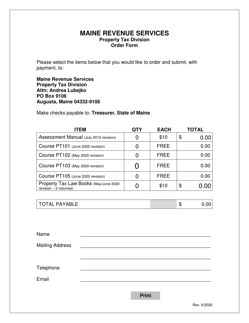 Property Tax Law Book Order Form - Maine, Page 1