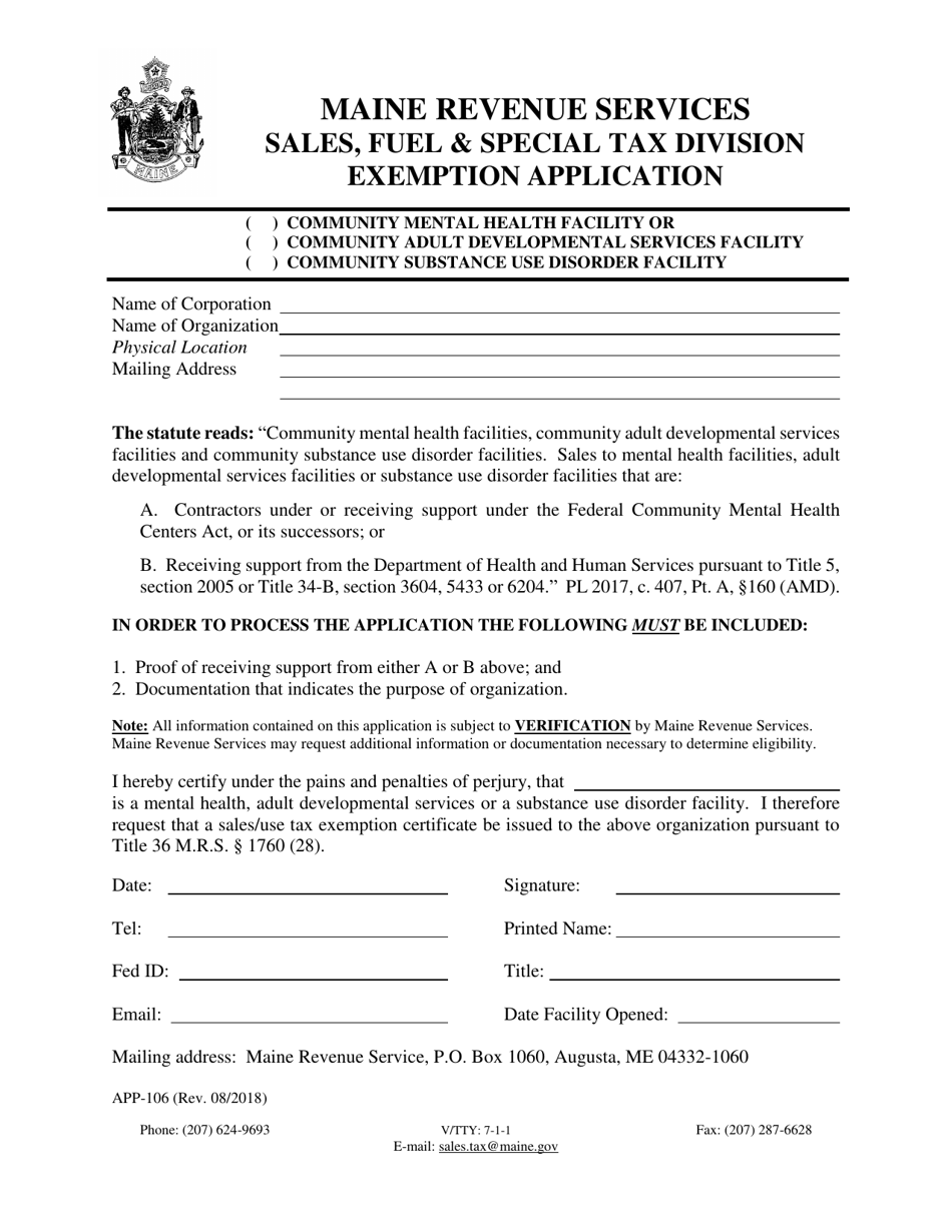 Form APP-106 Mental Health, Adult Developmental and Substance Use Disorder Facilities Exemption Application - Maine, Page 1