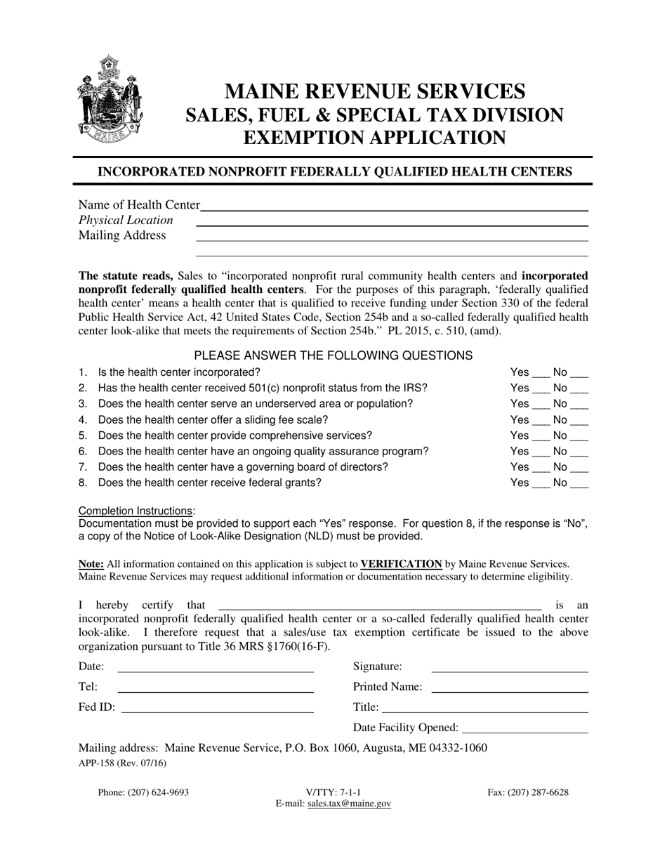 Form APP-158 Incorporated Nonprofit Federally Qualified Health Centers Exemption Application - Maine, Page 1