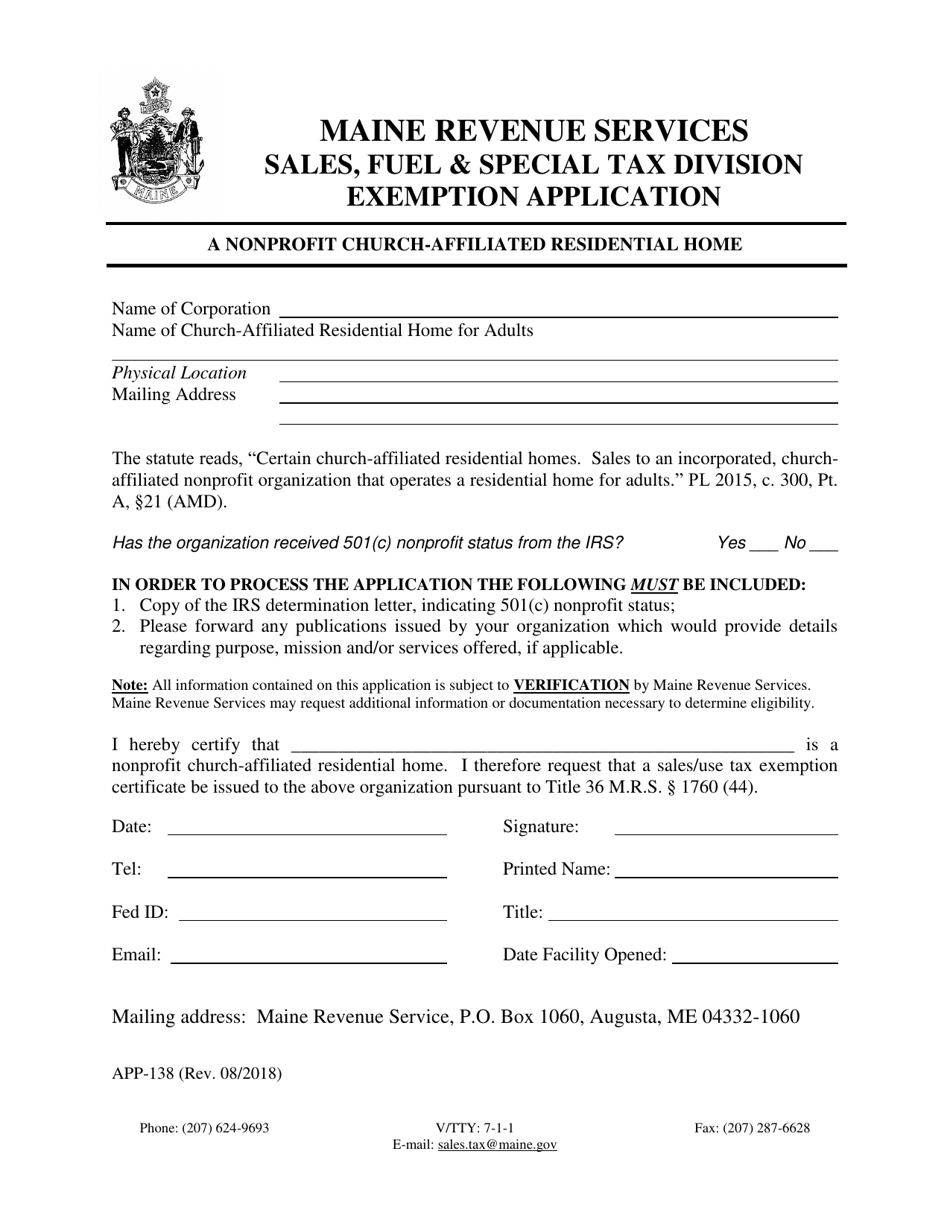 Form APP-138 A Nonprofit Church-Affiliated Residential Home Exemption Application - Maine, Page 1