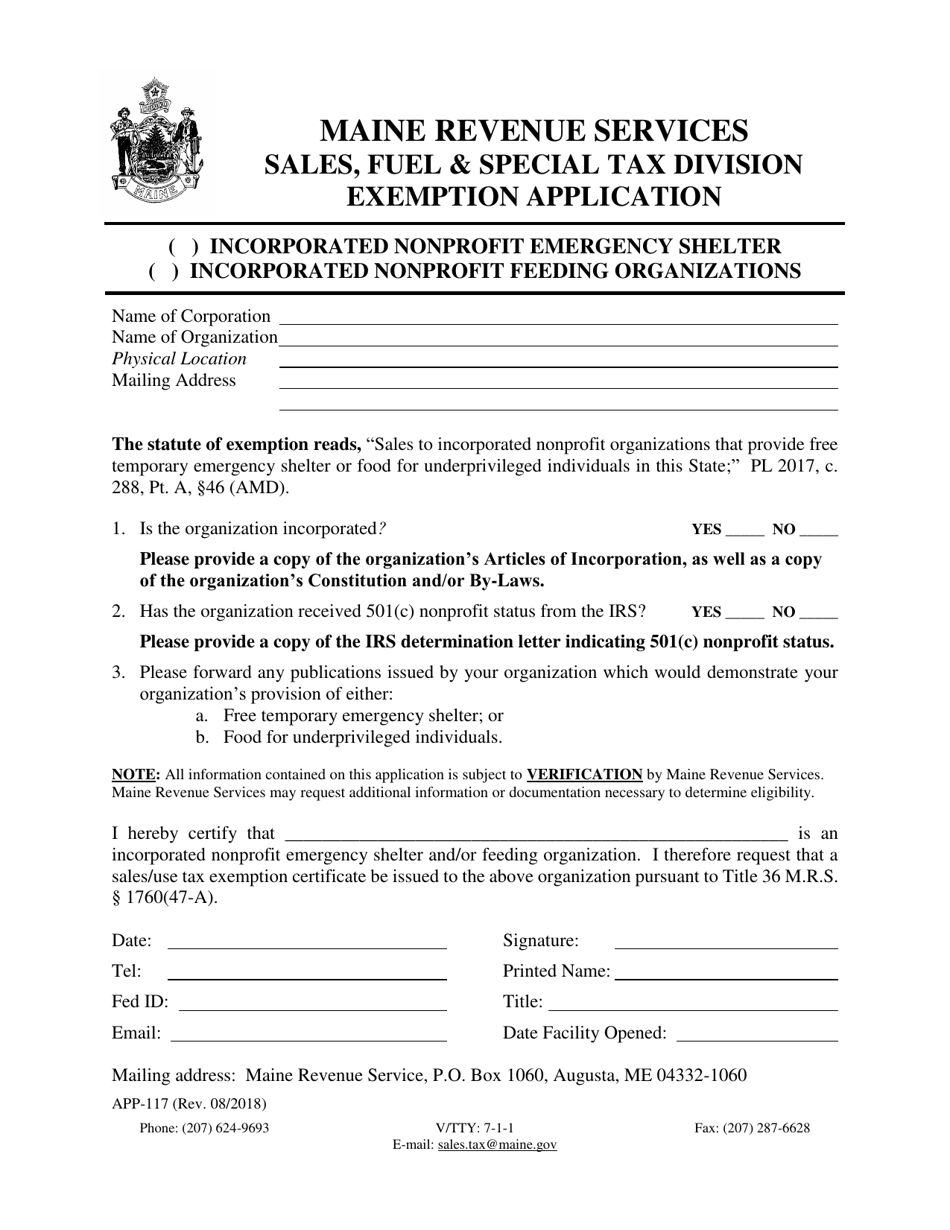 Form APP-117 Incorporated Nonprofit Emergency Shelter / Incorporated Nonprofit Feeding Organizations Exemption Application - Maine, Page 1