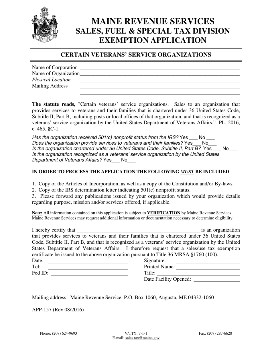 Form APP-157 Certain Veterans Service Organizations Exemption Application - Maine, Page 1