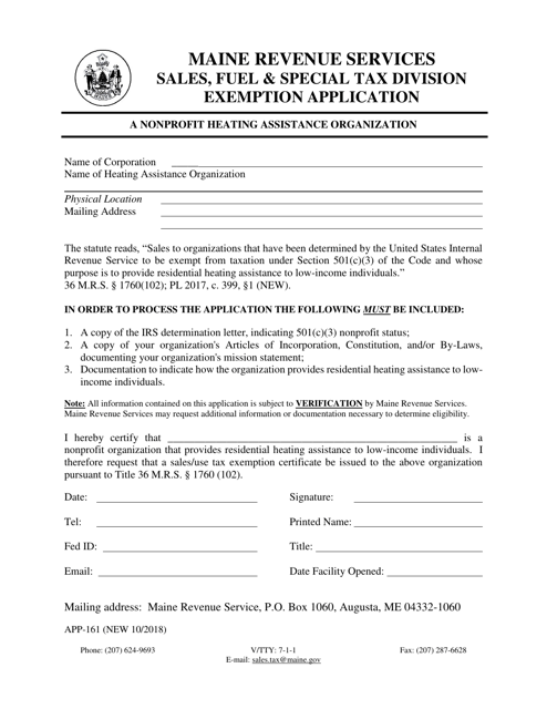 Form APP-161 Nonprofit Heating Assistance Organization Exemption Application - Maine