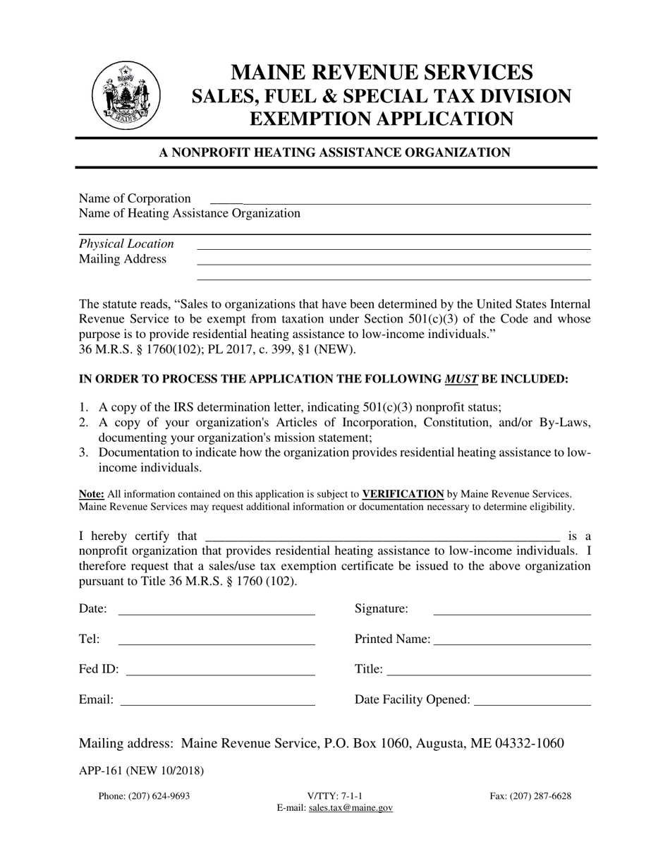 Form APP-161 Nonprofit Heating Assistance Organization Exemption Application - Maine, Page 1