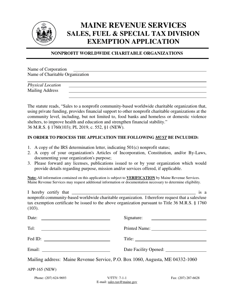 Form APP-165 Nonprofit Worldwide Charitable Organizations Exemption Application - Maine, Page 1