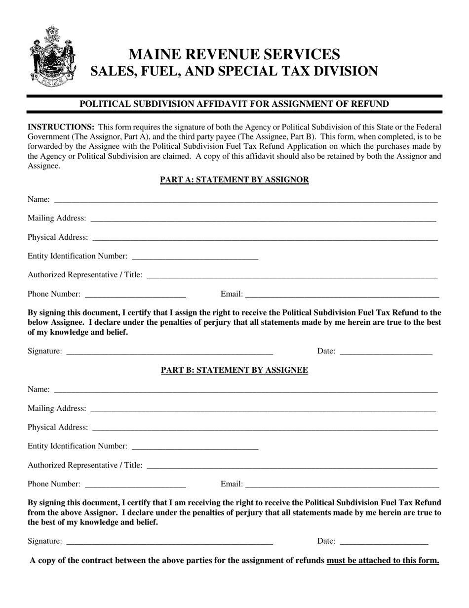 Political Subdivision Affidavit for Assignment of Refund - Maine, Page 1