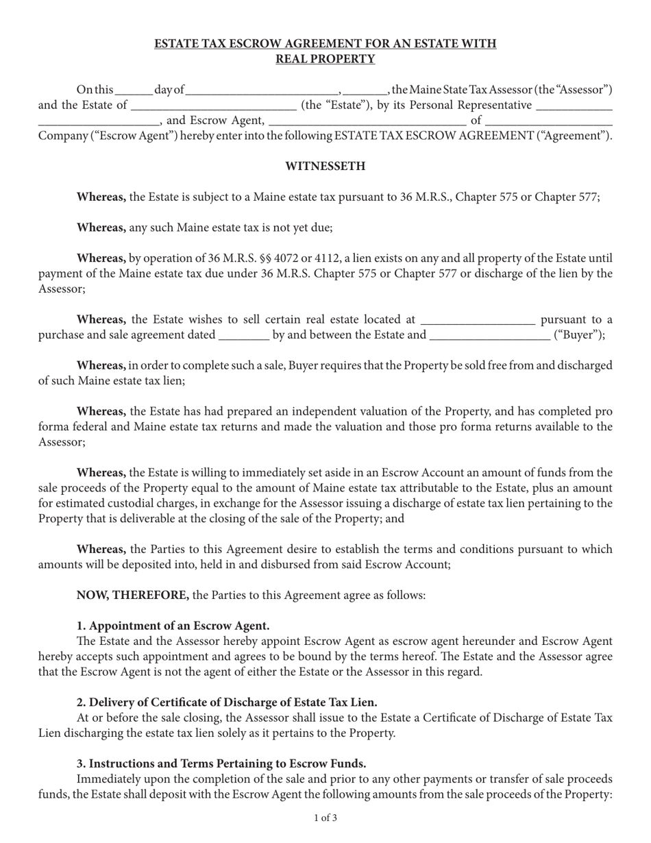 Estate Tax Escrow Agreement for an Estate With Real Property - Maine, Page 1