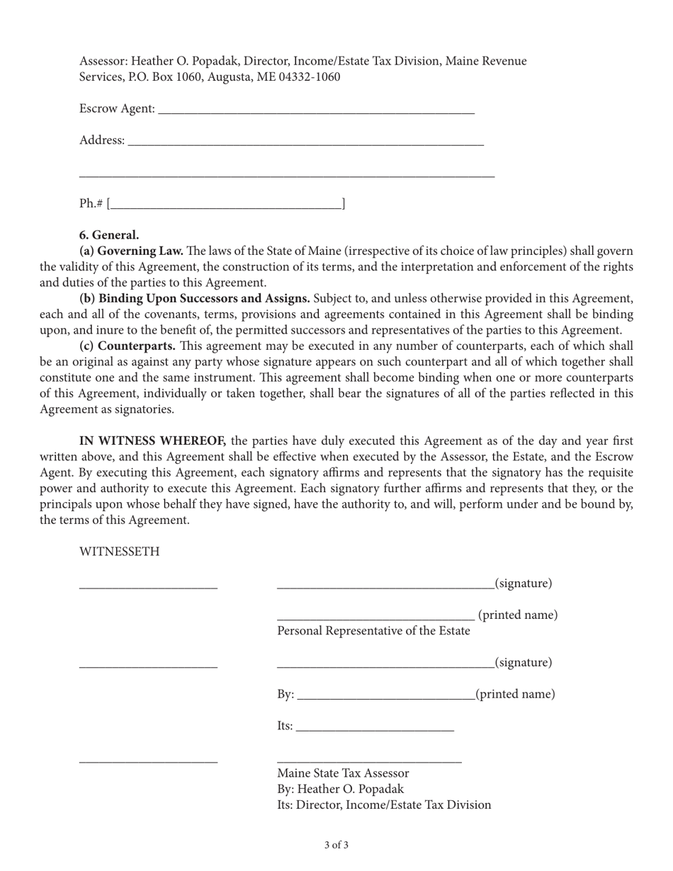 Estate Tax Escrow Agreement for an Estate With Real Property - Maine, Page 3