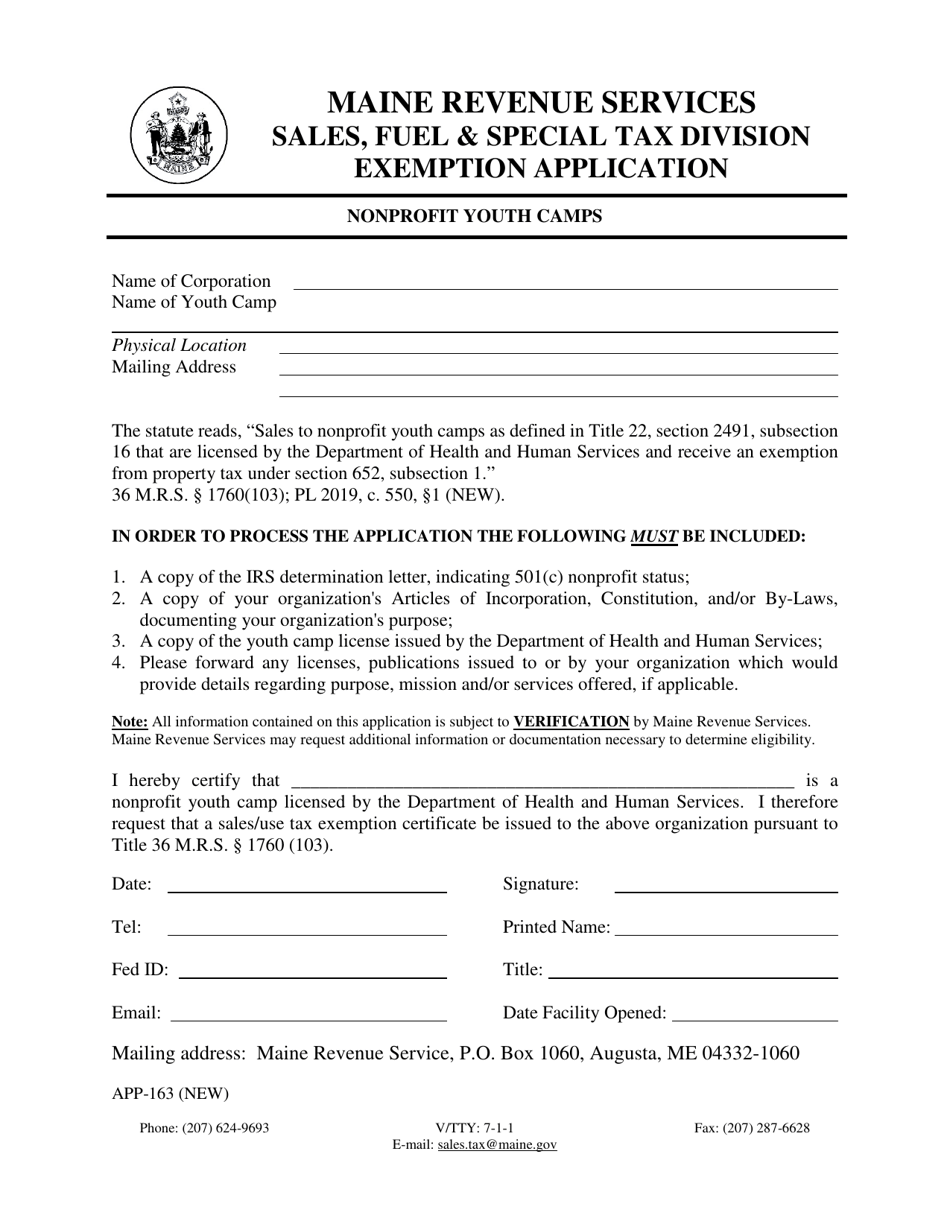 Form APP-163 Nonprofit Youth Camps Exemption Application - Maine, Page 1