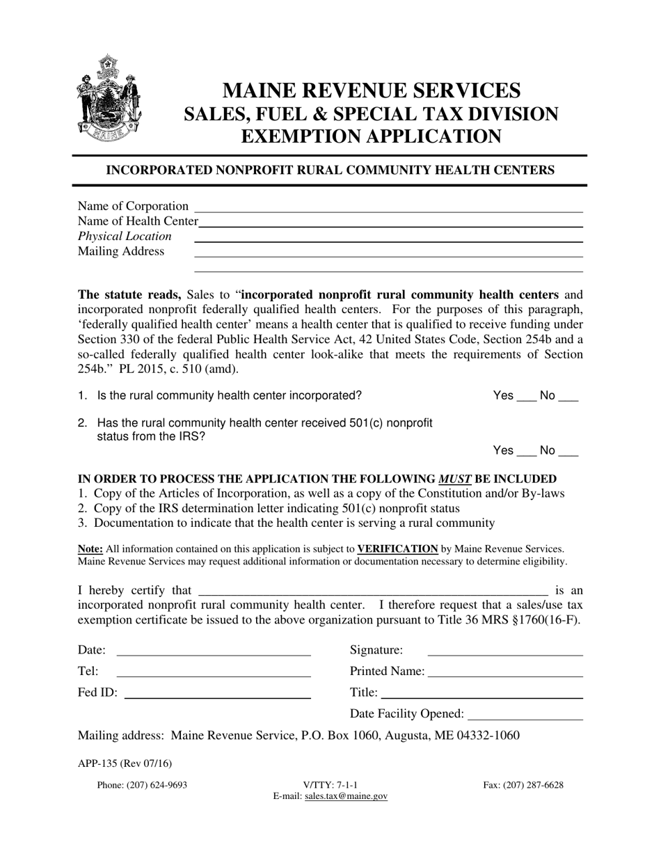 Form APP-135 Incorporated Nonprofit Rural Community Health Centers Exemption Application - Maine, Page 1