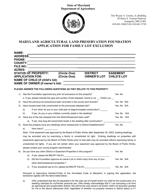 Application for Family Lot Exclusion - Maryland Download Pdf