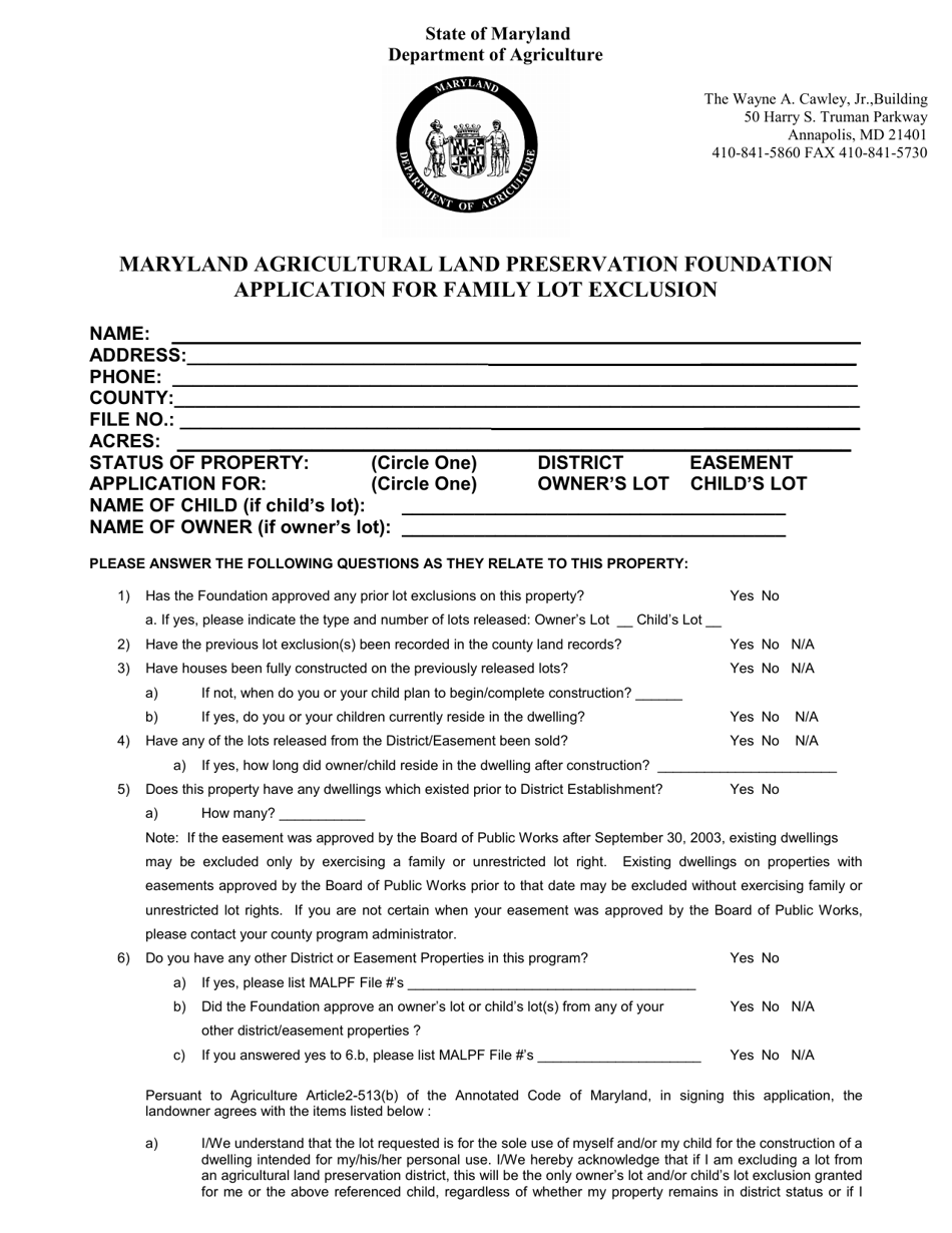 Application for Family Lot Exclusion - Maryland, Page 1
