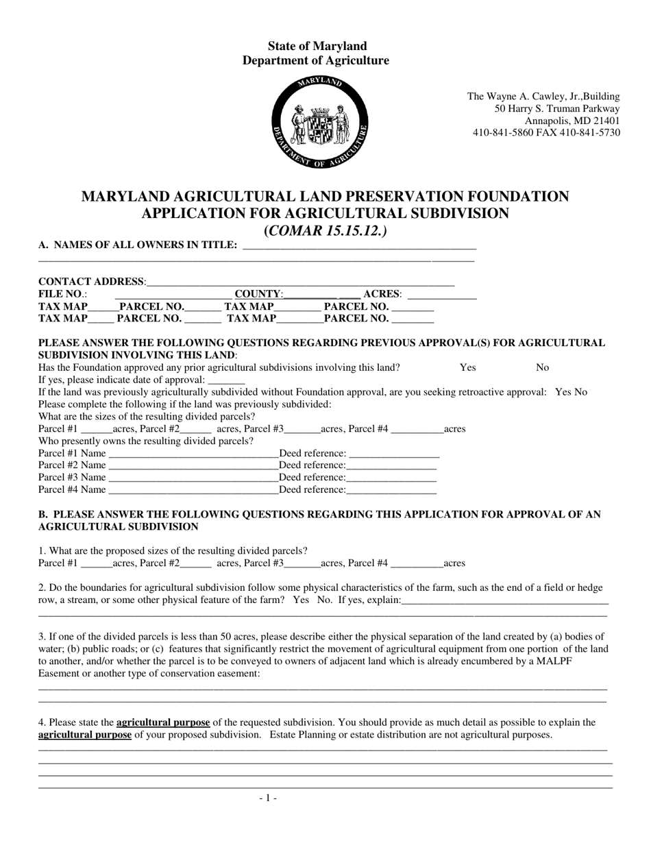 Application for Agricultural Subdivision - Maryland, Page 1