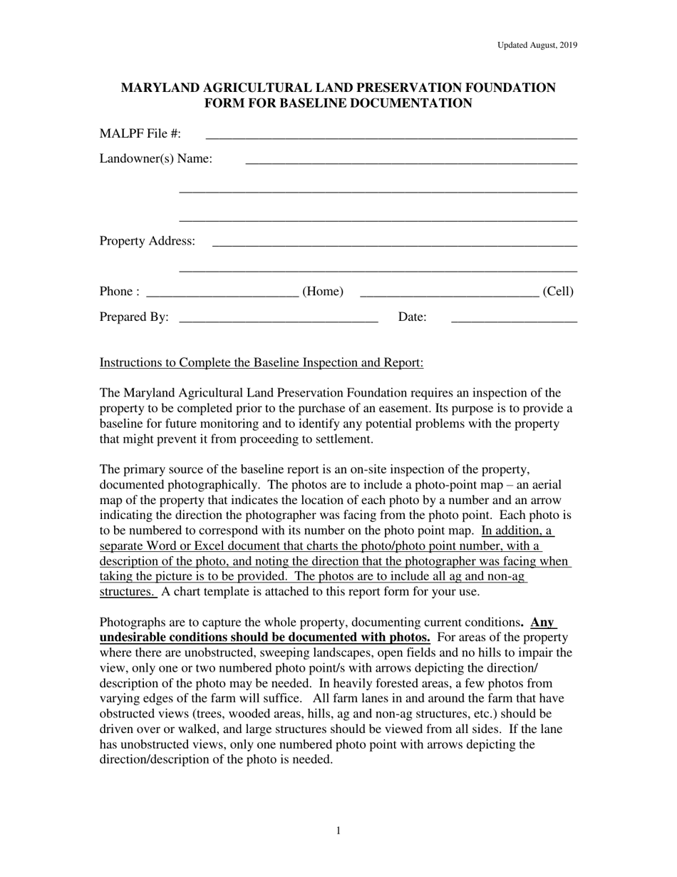 Maryland Agricultural Land Preservation Foundation Form for Baseline Documentation - Maryland, Page 1