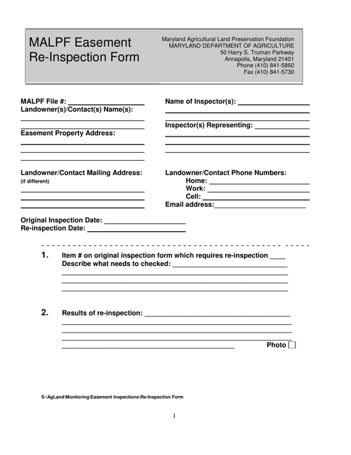 Malpf Easement Re-inspection Form - Maryland Download Pdf