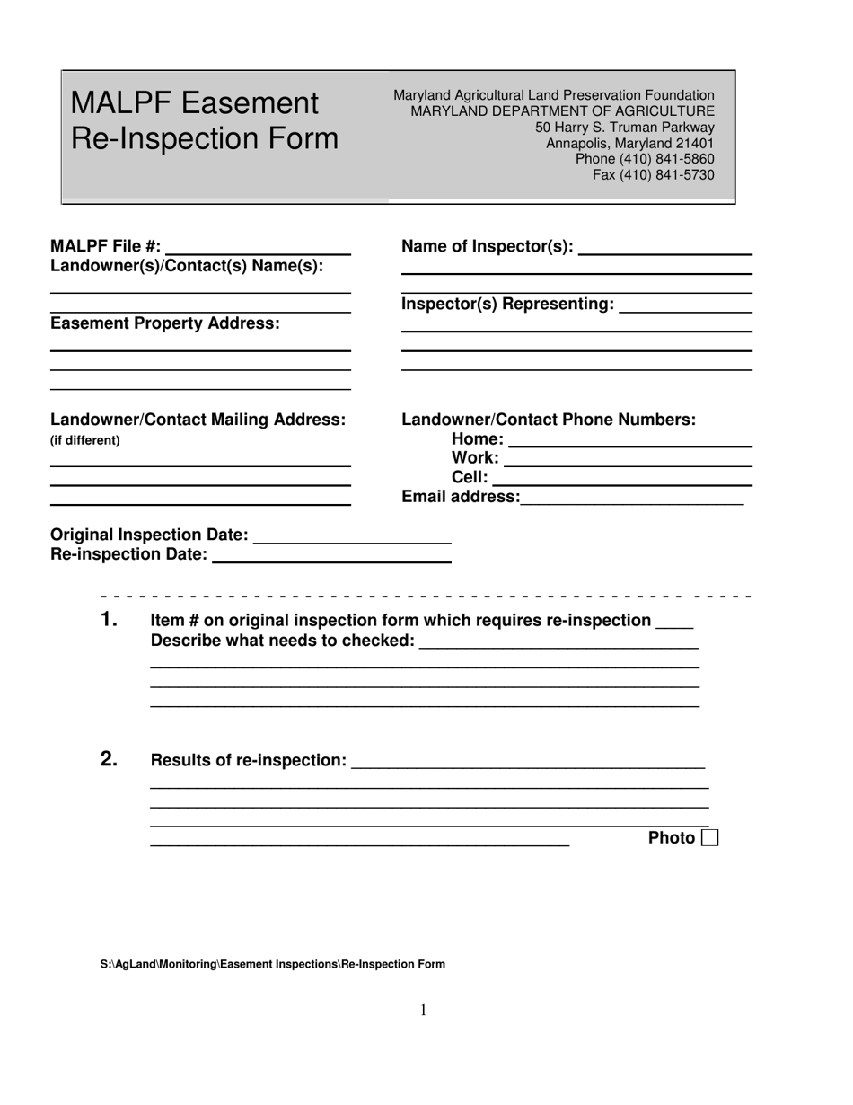 Malpf Easement Re-inspection Form - Maryland, Page 1