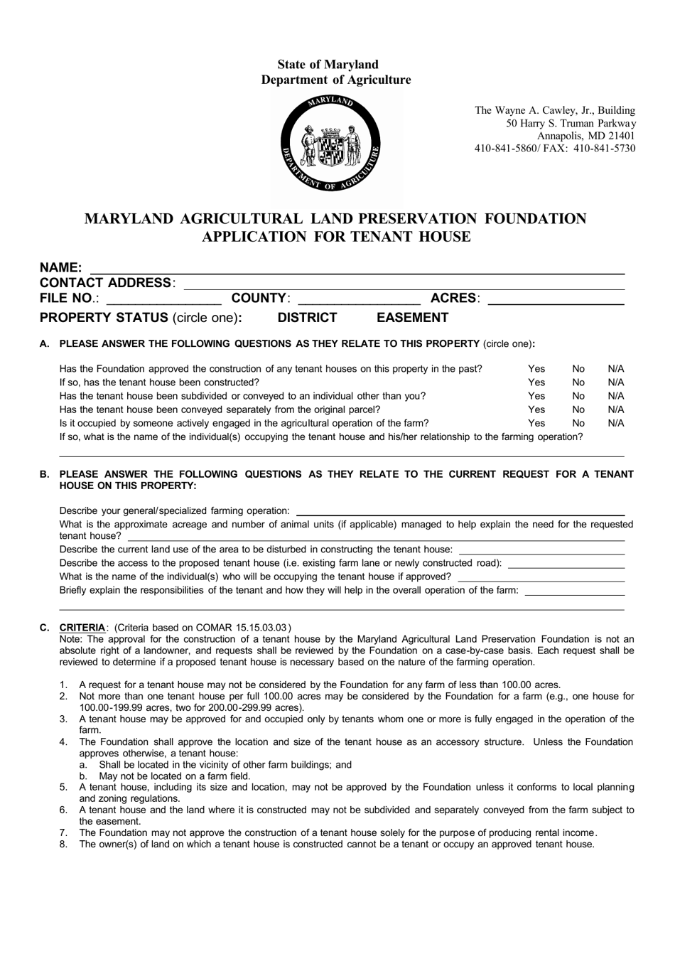 Application for Tenant House - Maryland, Page 1