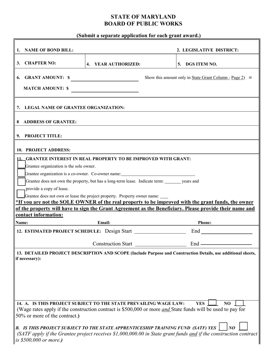 Capital Project Grant Application - Maryland, Page 1