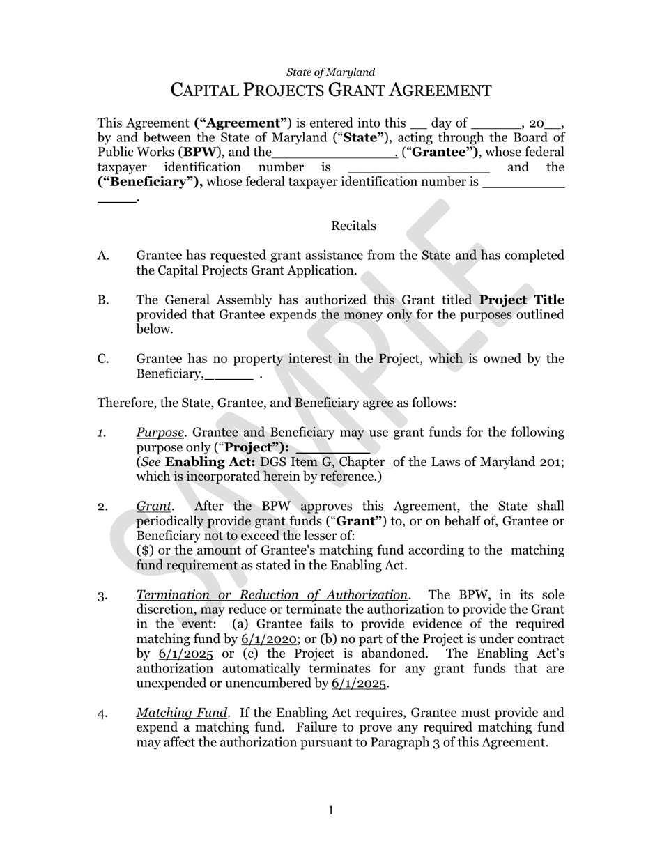 Capital Project Grant Agreement Beneficiary - Maryland, Page 1