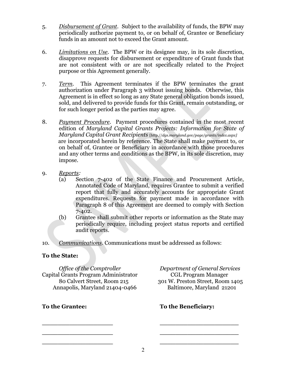 Capital Project Grant Agreement Beneficiary - Maryland, Page 2