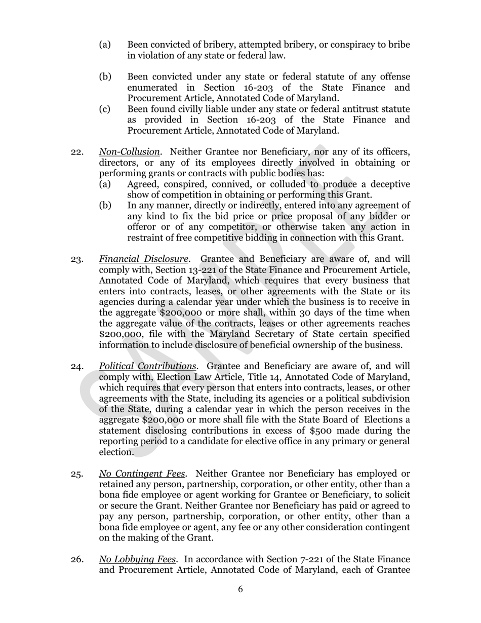 Capital Project Grant Agreement Beneficiary - Maryland, Page 6