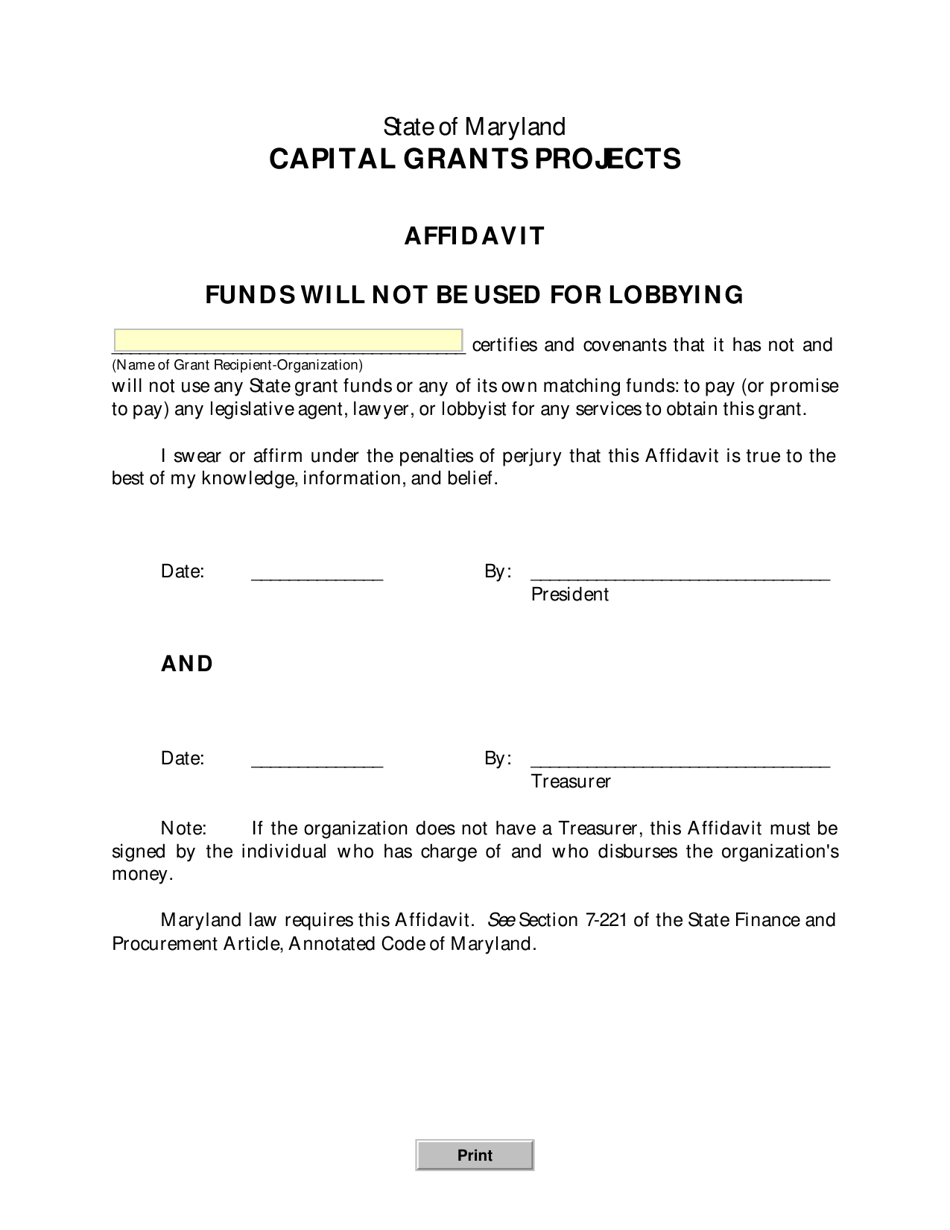 Affidavit That Funds Will Not Be Used for Lobbying - Maryland, Page 1