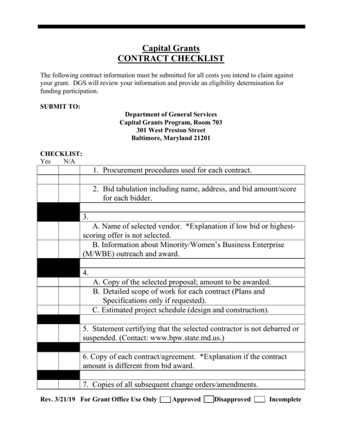 Capital Grants Contract Checklist - Maryland Download Pdf