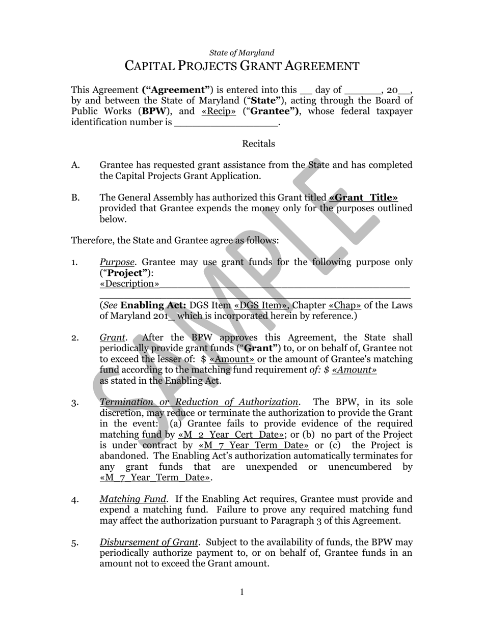 Capital Projects Grant Agreement - Maryland, Page 1