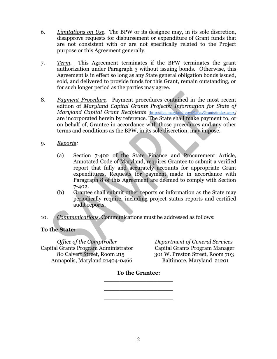 Capital Projects Grant Agreement - Maryland, Page 2