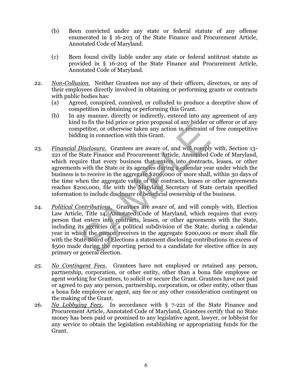 Capital Project Grant Agreement Two Grantees - Maryland, Page 6