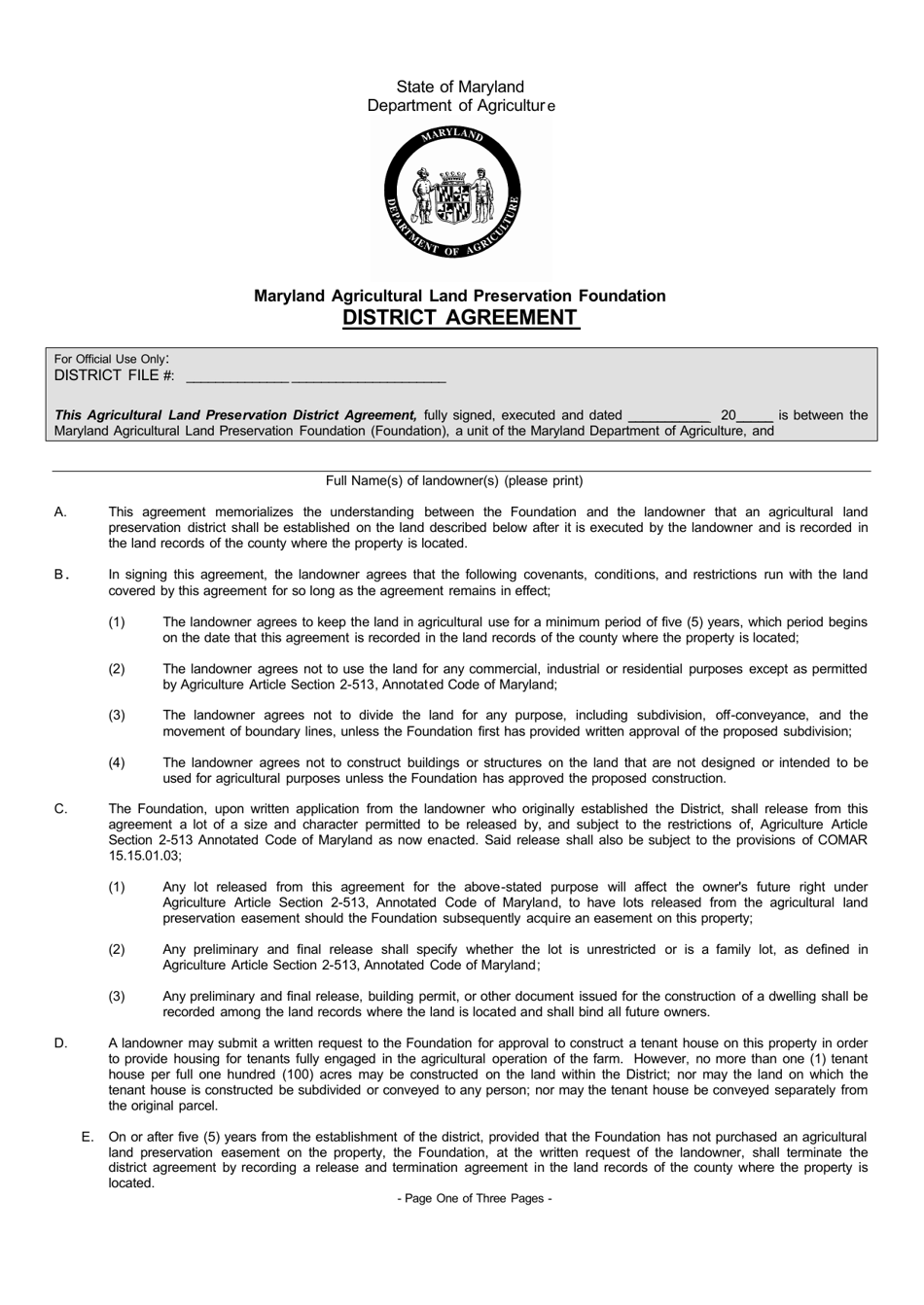 District Agreement - Maryland, Page 1