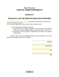 &quot;Capital Grants Projects Affidavit That Funds Will Not Be Used for Religious Purposes&quot; - Maryland