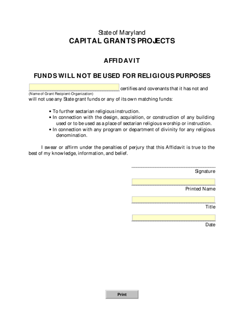 Capital Grants Projects Affidavit That Funds Will Not Be Used for Religious Purposes - Maryland