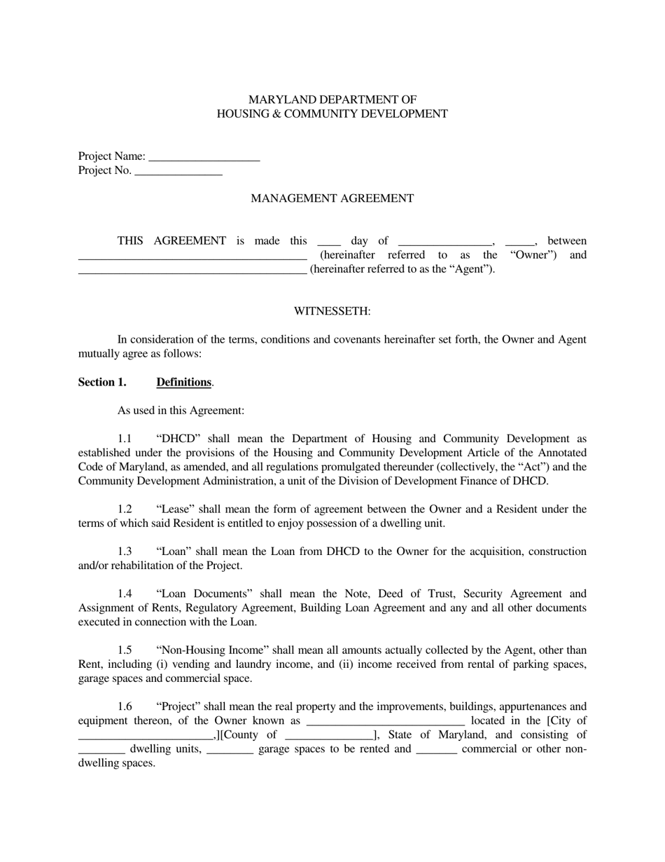 Management Agreement - Maryland, Page 1