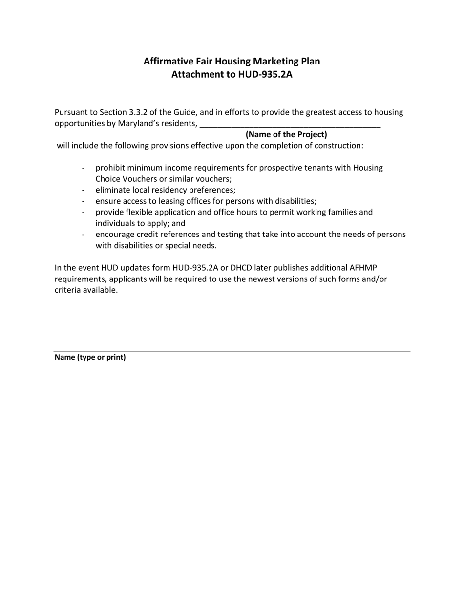 Affirmative Fair Housing Marketing Plan Attachment to Hud-935.2a - Maryland, Page 1