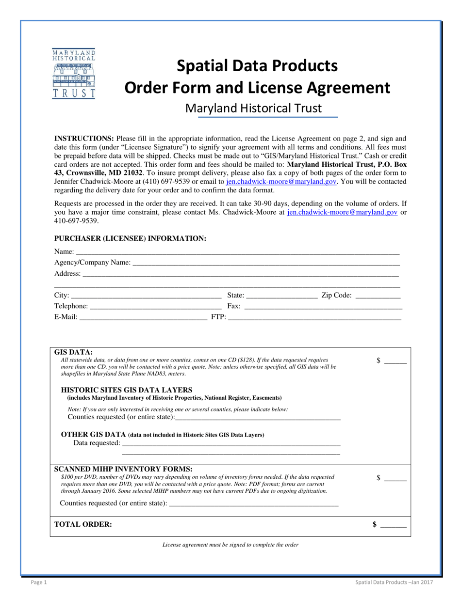 Spatial Data Products Order Form and License Agreement - Maryland, Page 1