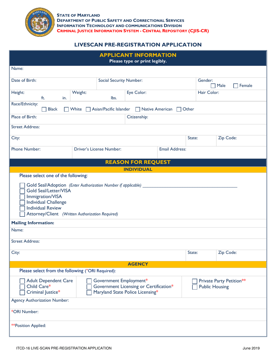 Form ITCD-16 Livescan Pre-registration Application - Maryland, Page 1