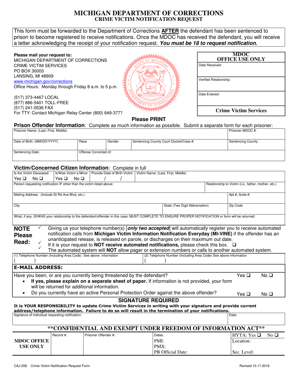 Form CAJ-258 Crime Victim Notification Request - Michigan, Page 1