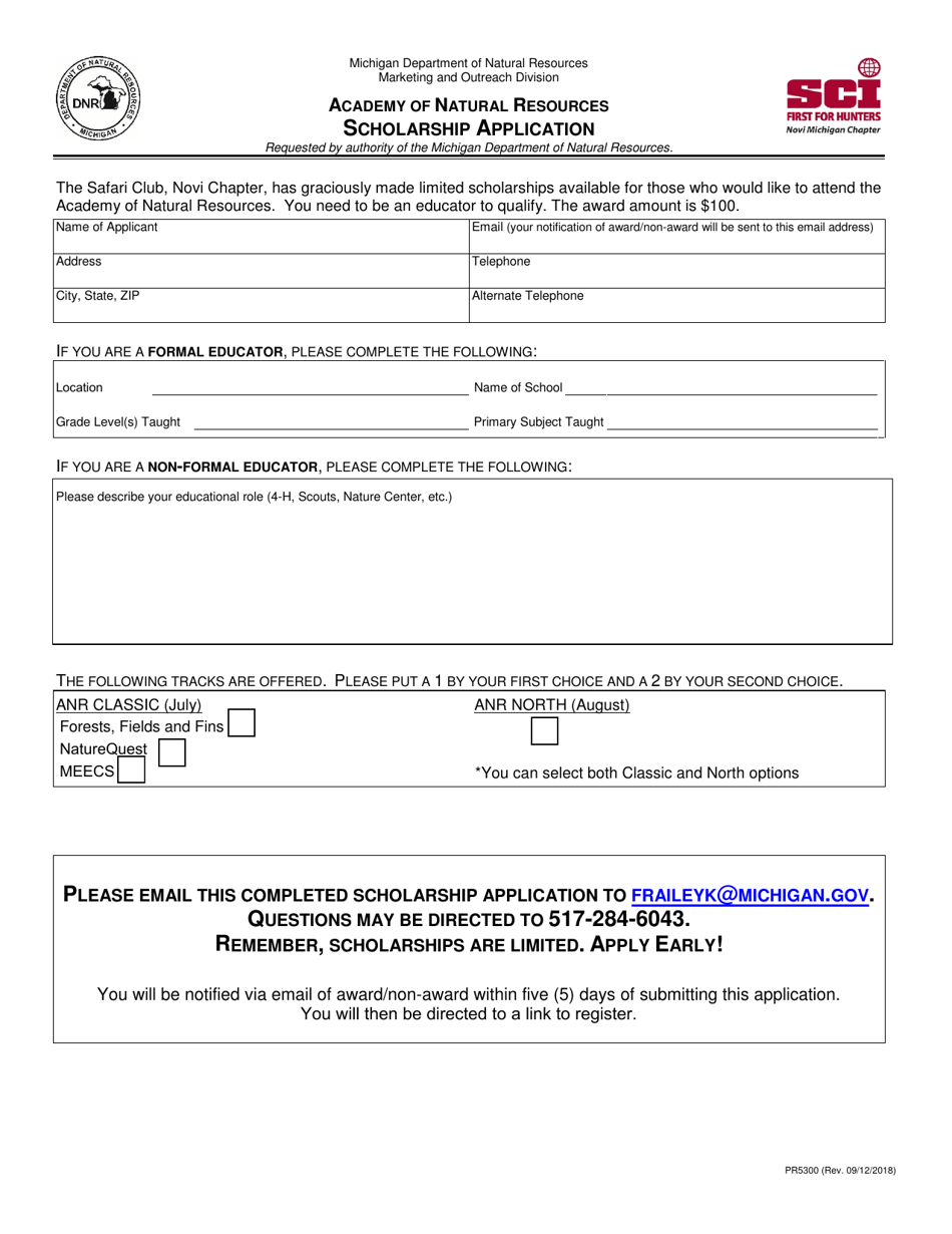 Form PR5300 Scholarship Application - Michigan, Page 1