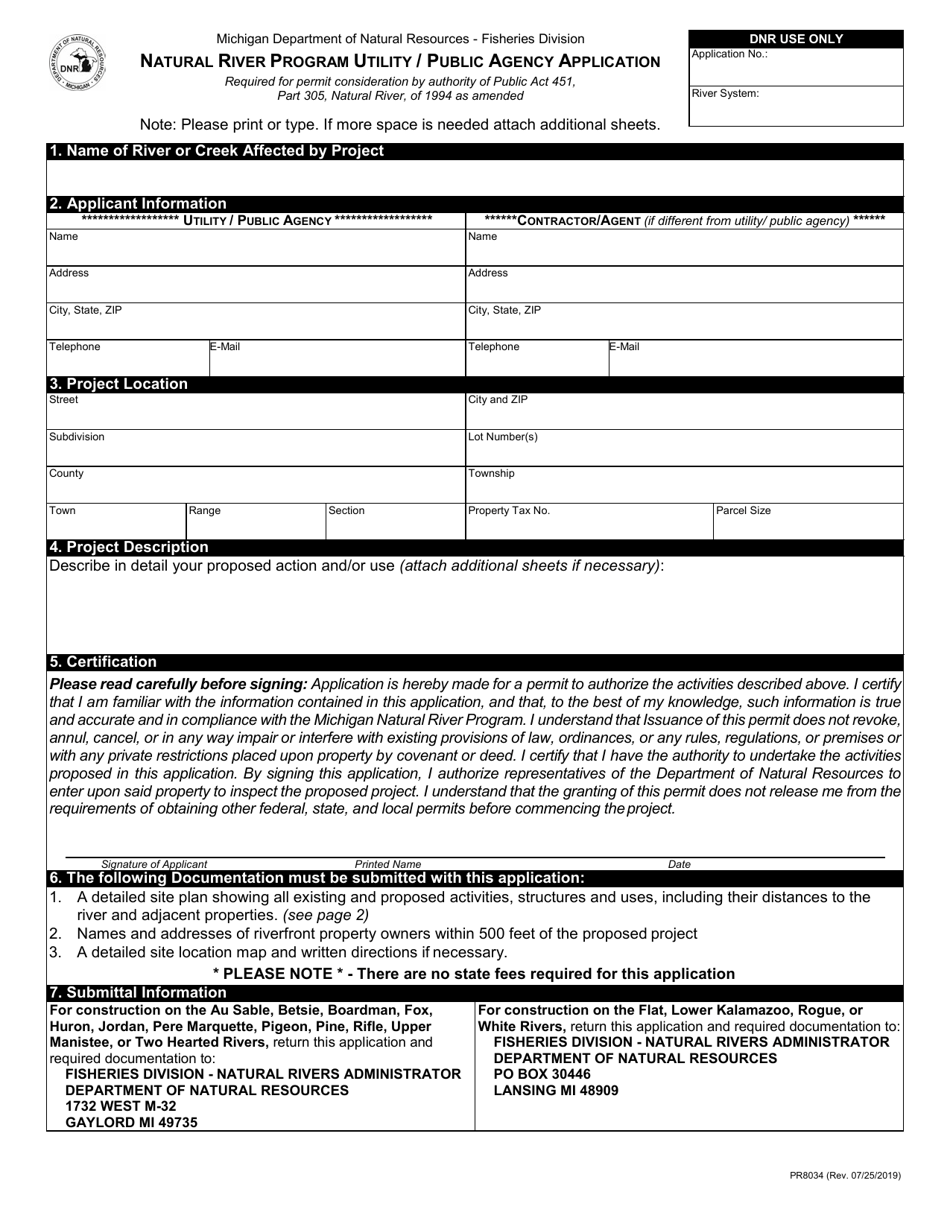Form PR8034 Natural River Program Utility / Public Agency Application - Michigan, Page 1