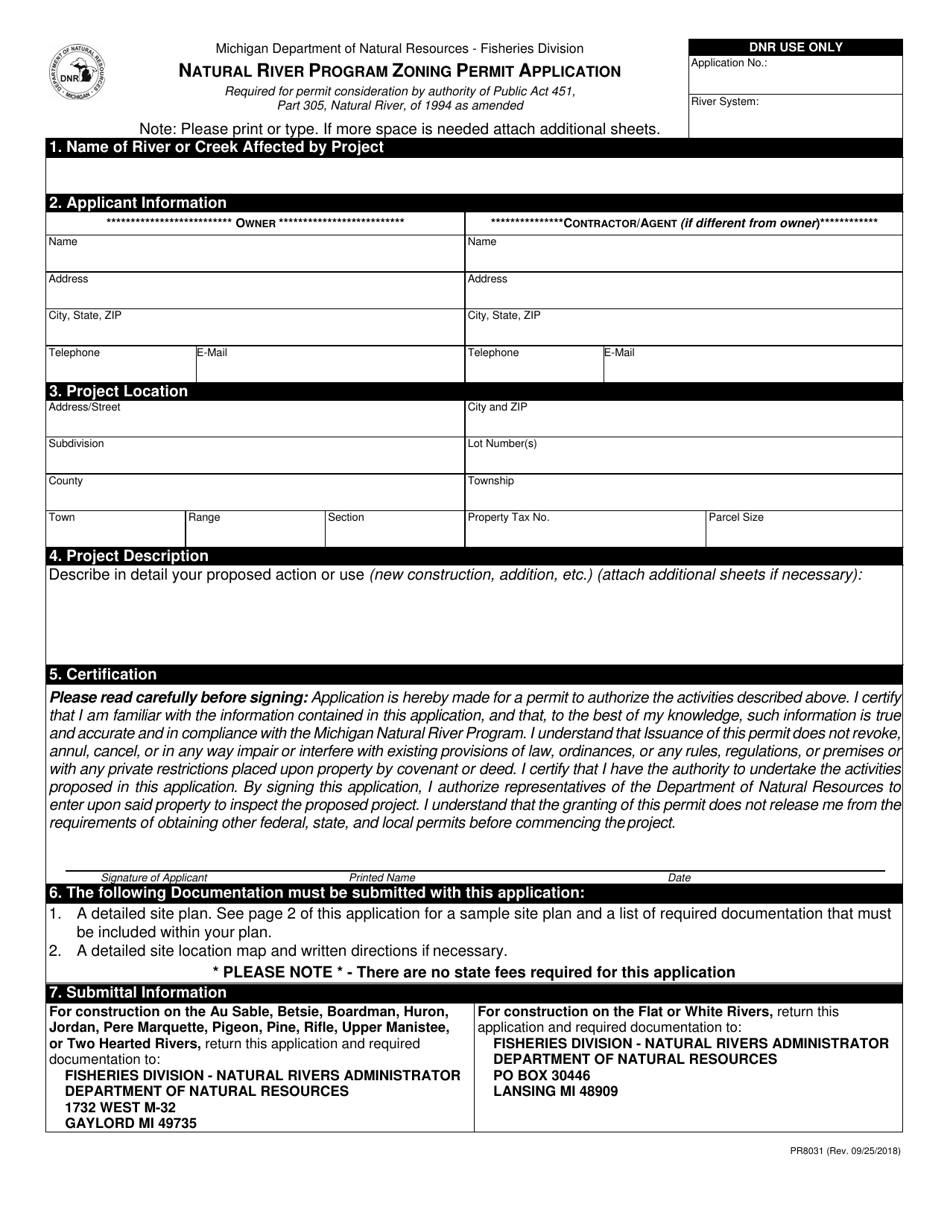 Form PR8031 Natural River Program Zoning Permit Application - Michigan, Page 1