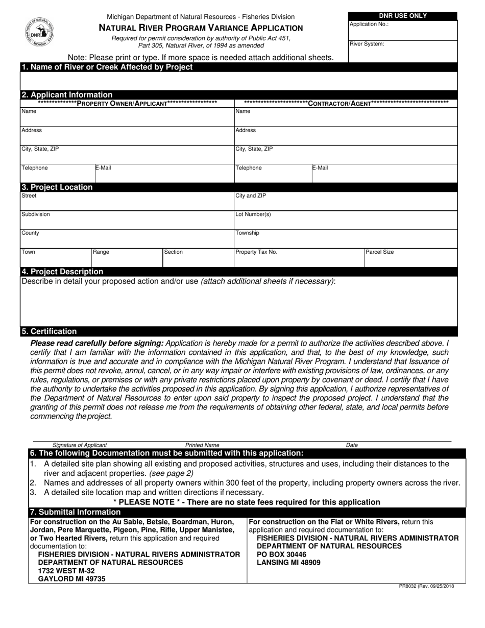 Form PR8032 Natural River Program Variance Application - Michigan, Page 1