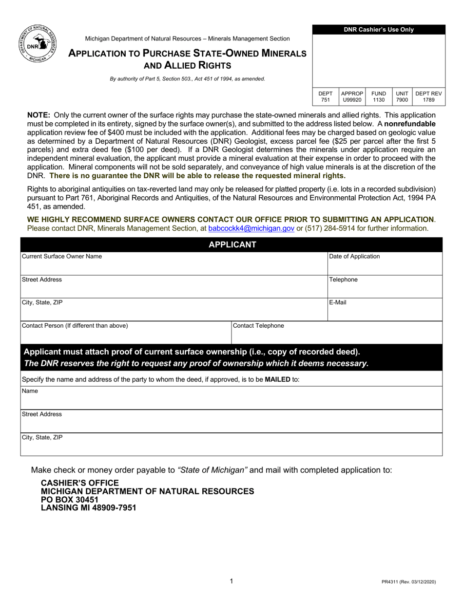 Form PR4311 Application to Purchase State-Owned Minerals and Allied Rights - Michigan, Page 1
