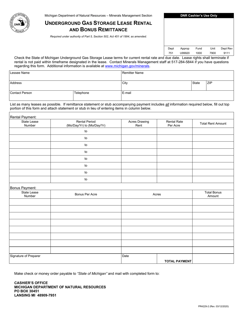 Form PR4229-2 Underground Gas Storage Lease Rental and Bonus Remittance - Michigan, Page 1