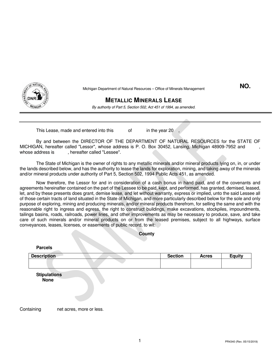 Form PR4340 Metallic Minerals Lease - Michigan, Page 1