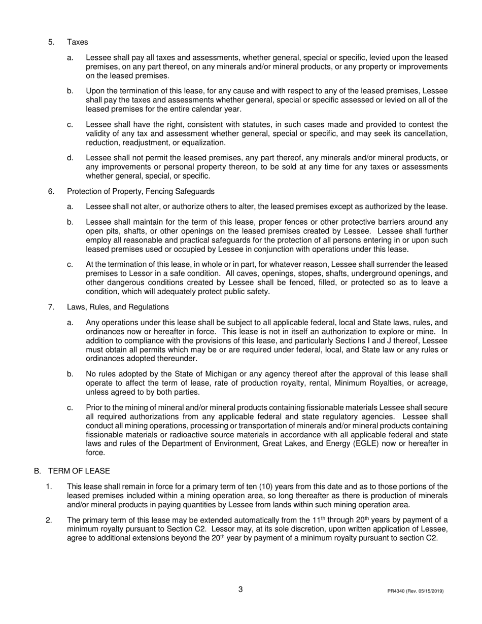 Form PR4340 Metallic Minerals Lease - Michigan, Page 3