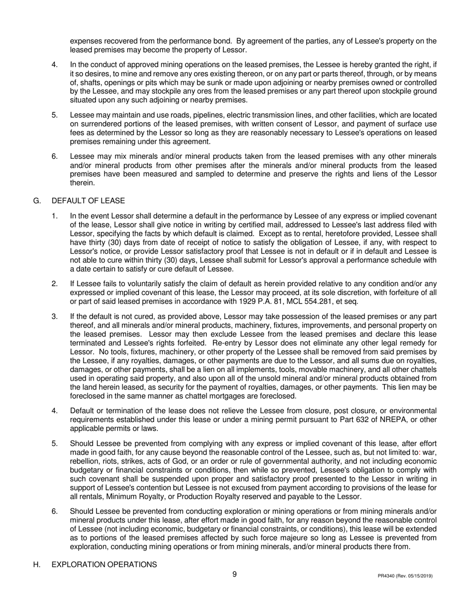 Form PR4340 Metallic Minerals Lease - Michigan, Page 9