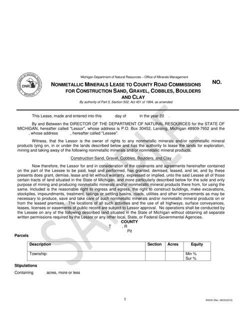 Form PR4333 Nonmetallic Minerals Lease to County Road Commissions for Construction Sand, Gravel, Cobbles, Boulders and Clay - Michigan