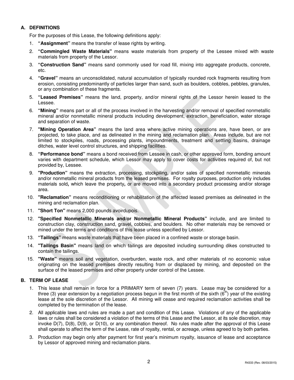 Form PR4333 Nonmetallic Minerals Lease to County Road Commissions for Construction Sand, Gravel, Cobbles, Boulders and Clay - Michigan, Page 2